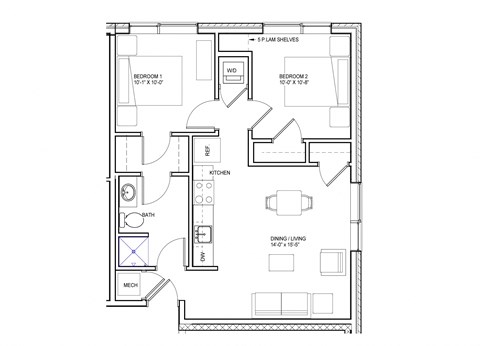 Floor plan for 2 beds, 1 bath, 990 sqft